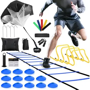Agility Ladder Football Equipment Set - 4 Agility Hurdles, 20 , 12 Rungs, 12 Disc Cones, Resistance Parachute, Jump Rope & 4 Resistance Bands
