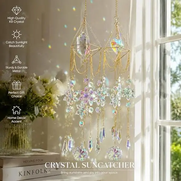 Geometric Crystal Glass Sun Catcher Window Hanging - AB Iridescent Prism Rainbow Maker, Boho 3D Ornament for Home Décor, Car Mirror, Aesthetic Gift for Women