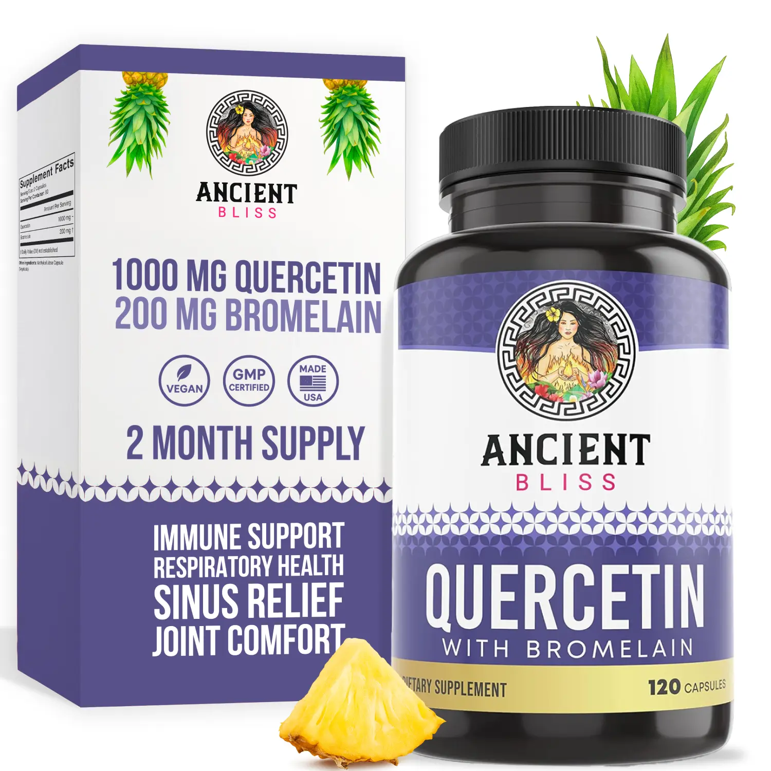 Ancient Bliss Quercetin with Bromelain Supplements - 1000mg Quercetin, 200mg Bromelain, 100mg Key Component per Serving, 120 Capsules - Gluten-Free Immune Booster, Antioxidant, Promotes Sinus & Respiratory Health, Supports Cardiovascular Wellness, Immune,