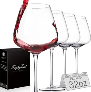 Extra Large 32oz Wine Glasses Set of 4 - Hand Blown Red Wine Glasses With Long Stem - Crystal Giant Burgundy Red Wine Glasses Clearer, Thin, Gift Packaging for Mothers Day, Wedding,Birthday