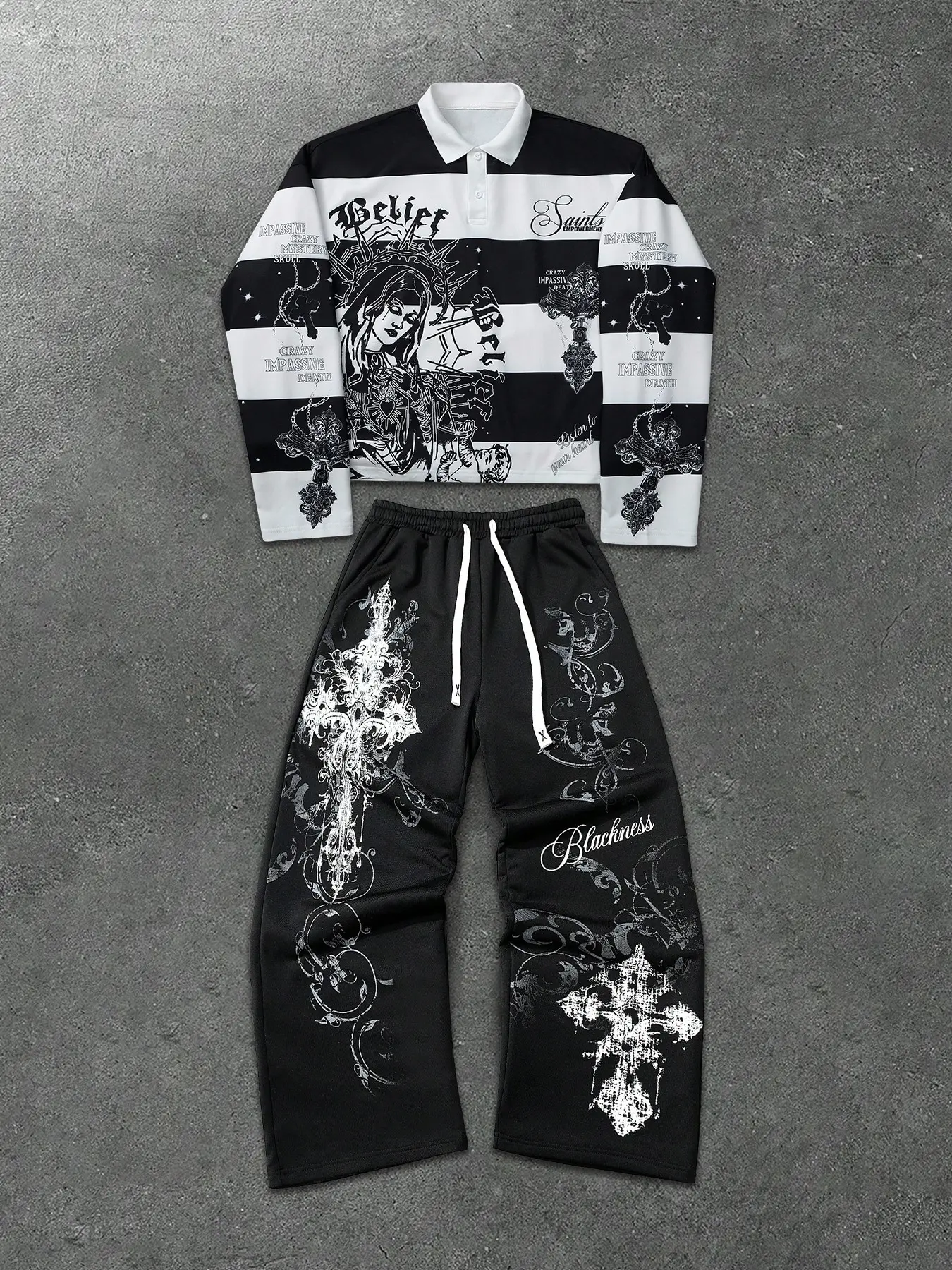 Men's Opium Style Gothic Cross Graphic Two-Piece Set - Casual Oversized Black & White Striped Long Sleeve Polo Shirt & Wide Leg Sweatpants - Cyber Grunge Streetwear Matching Outfit Menswear Aesthetics