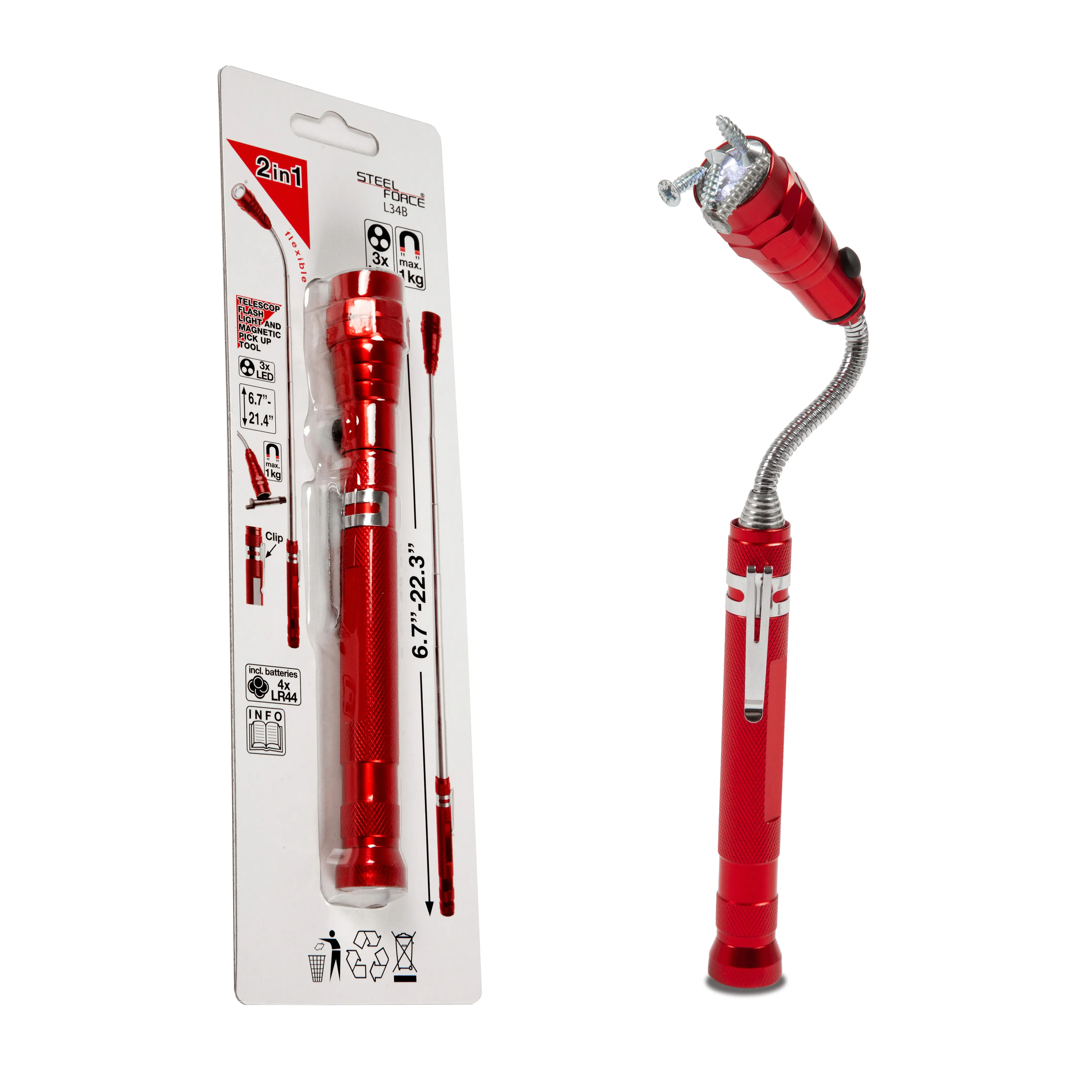 Steel Force L34B Extendable Multifunctional Flashlight - Handheld LED Lighting Tool with Telescoping Magnet Pickup Tip, Portable Flexible Lighting Solution, Adjustable Size to Extend Your Reach for Versatile Use