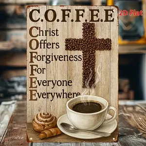 1pc Rustic Coffee Metal Iron Wall Art Sign with Inspirational Christian Message - 2D Flat Print Coffee Bean Cross Pattern, 8x12 Inch (20x30cm) for Home Office Kitchen Bathroom Living Room Decor, Vintage Charm| Weathered Finish, Coffee Bar Decor, 2D Flat,