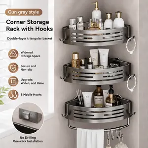 Aluminum Triangle Shower Caddy 1/2/3 Tier Corner Shelf Strong Suction No Drill Bathroom Organizer 40LB Capacity with Hooks for Towels Toiletries Storage