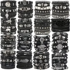 22Pcs Black and Brown Wooden Beads and PU Leather Handmade Braided Bracelet Set, Halloween Christmas Gift