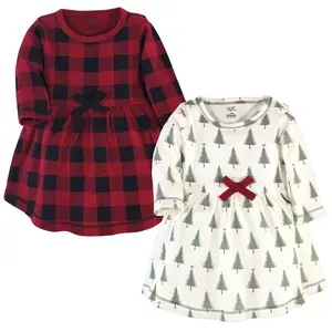 Touched by Nature Big Girls and Youth Organic Cotton Long-Sleeve Dresses 2pk, Tree Plaid, 7 Years