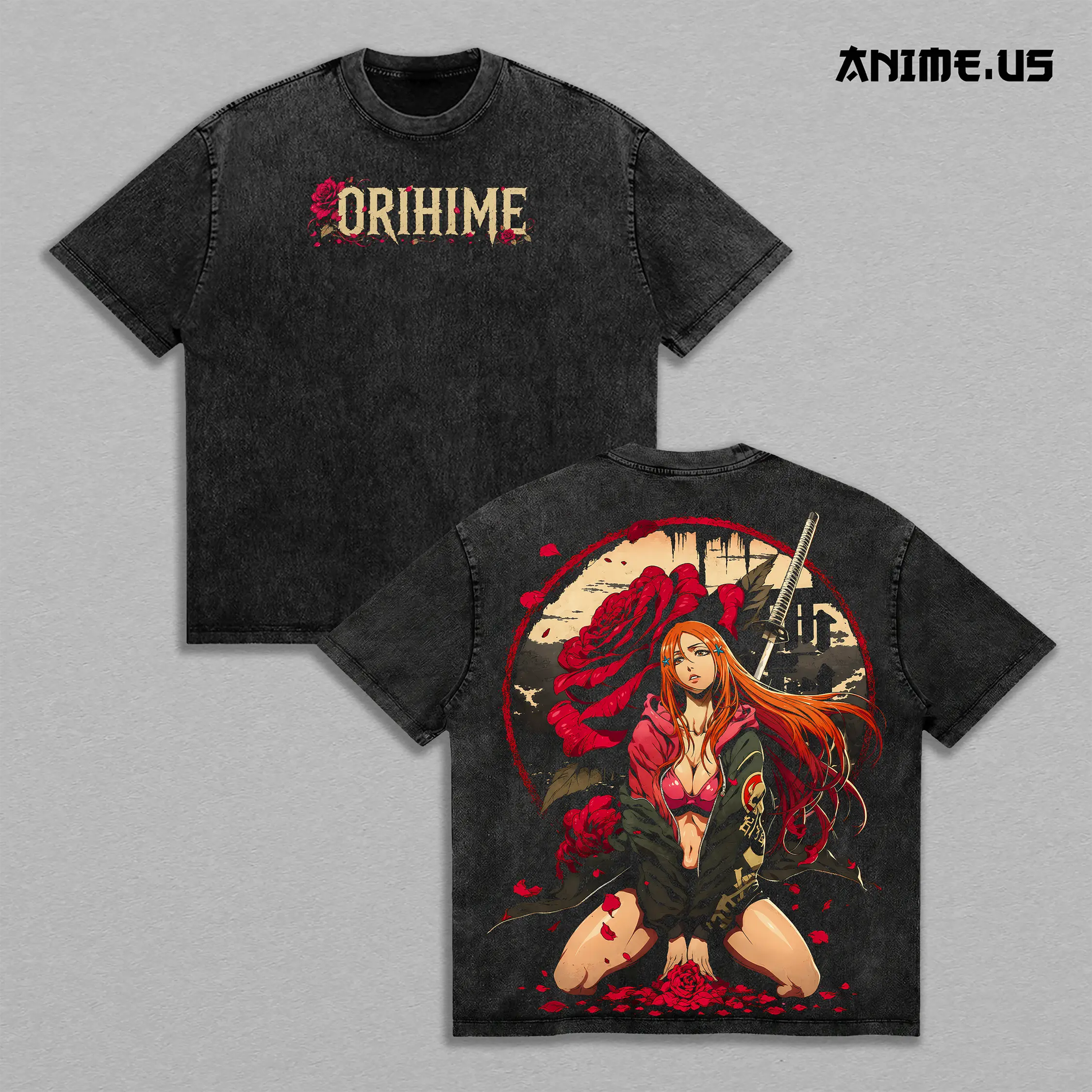 Orihime Inoue Bleach Anime Graphic Tee Soul Reaper Inspired Rose Art Vintage Washed Oversized T-Shirt Manga Graphic Heavyweight Cotton Streetwear Back Print Shirt