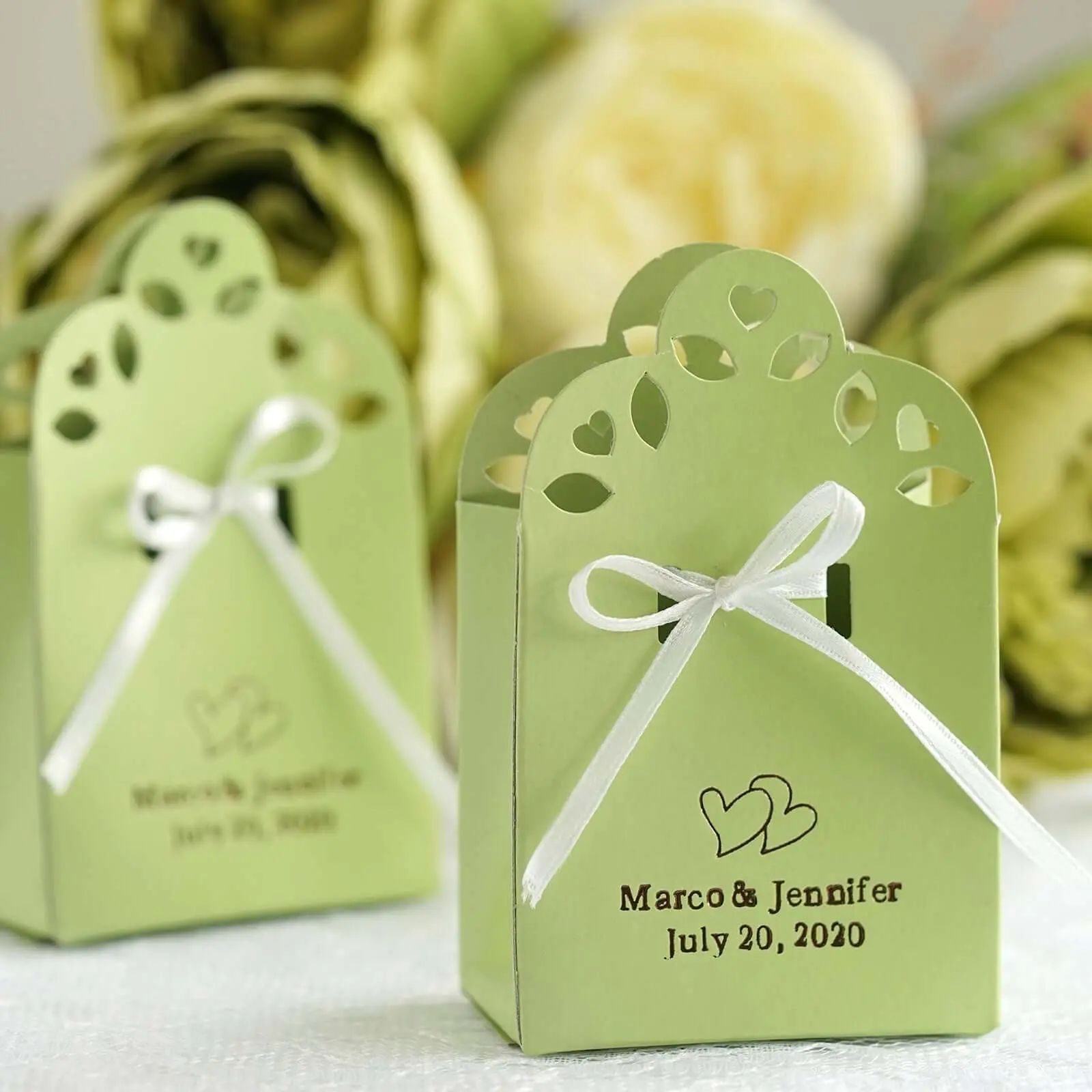 100-Pack Personalized Flat Pack Sacchetto Party Candy Boxes, Office Stationery Supplies with Ribbons Included, 2 3/4" x 1 3/8" x 3 1/8" Embossed Cuts & Hot Foiling, Custom Printed Gifts & Wrapping for Weddings