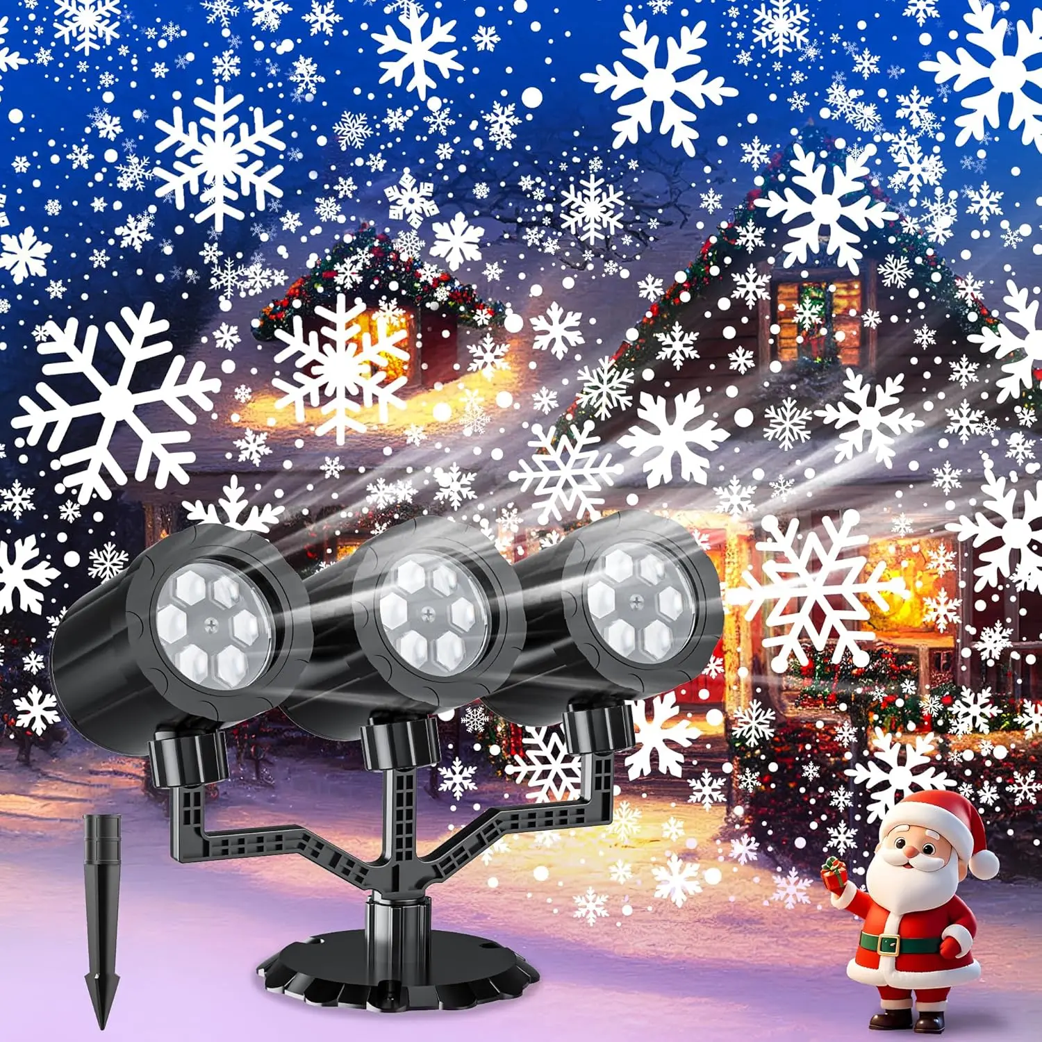 Christmas Projector Lights Outdoor,  Upgraded Snowflake Projector IP65 Waterproof LED Snow Projection Lights for Indoor Outdoor Christmas Decoration, Holiday, Yard Decor-Three-Head A