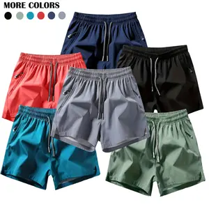Men's zipper pocket shorts, summer beach shorts, ice-sense quick-dry sports casual pants, basketball shorts thin, plus-size men's clothing reflective strip design, Menswear，Plain Trouser，suitable for running and fitness. Beige