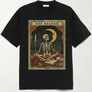 Casual Short-Sleeve Round Neck T-Shirt, Comfort Colors The Reader Tarot Card Skeleton Reading Unisex Book Lover Gift, Men's Top