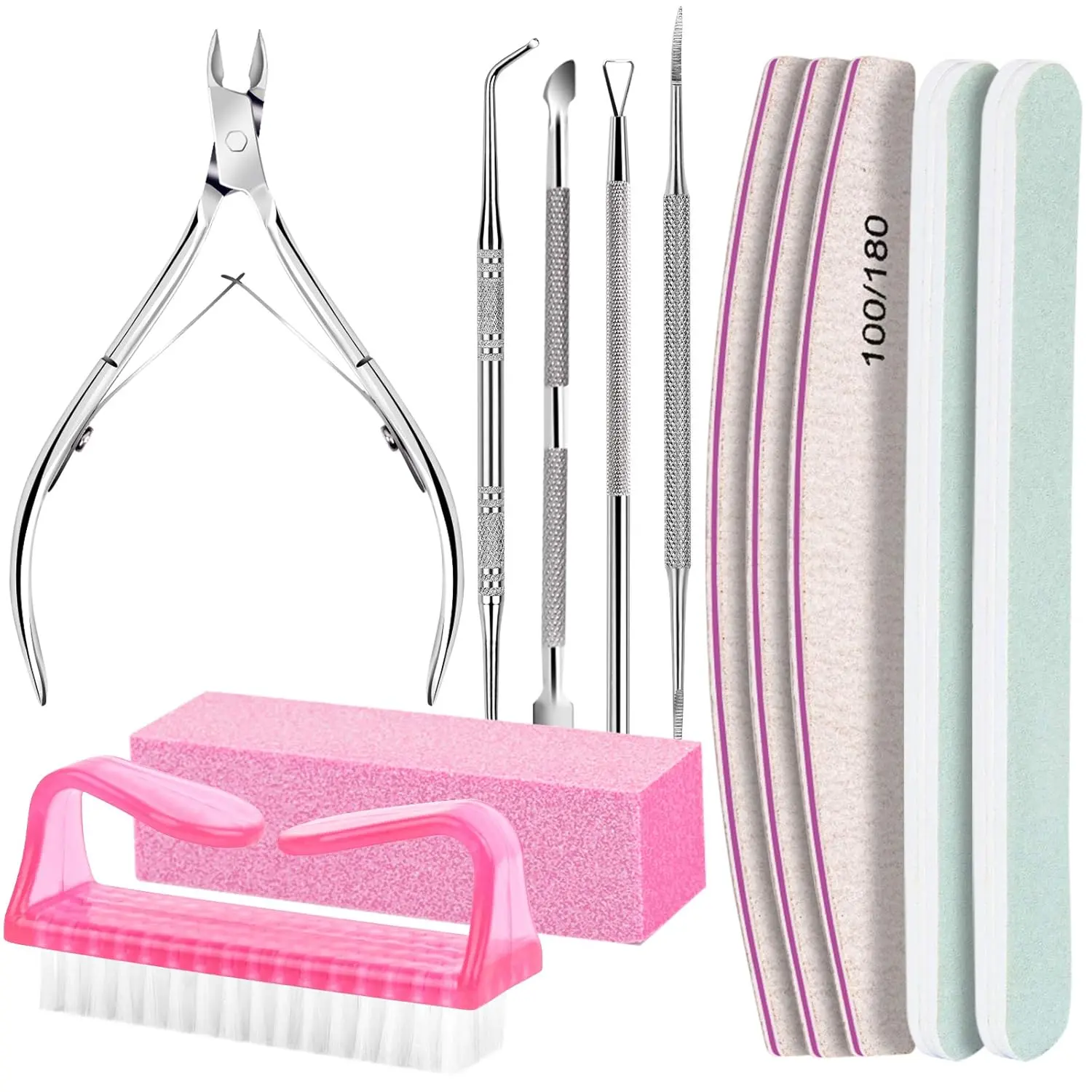 7-in-1 Nail Care Kit, Manicure Kit for Acrylic Nails - Cuticle Pusher, Trimmer, Nipper, Ingrown Toenail Lifter, File, Buffer Block for Smooth & Shine, Safe Dry Skin Removal, Remove Dry Skin Safely