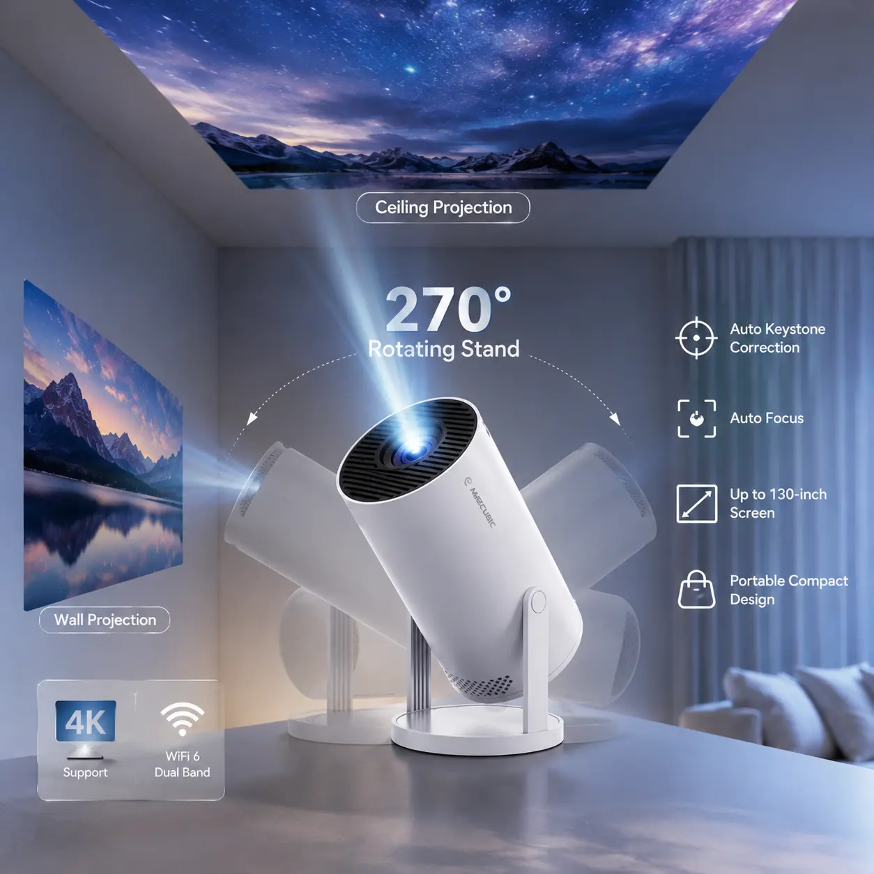 “Weekend Gaming Hub” 1080P Smart Dorm Projector, Lag-Free Phone Mirroring for Mobile Games & Switch, 270° Rotatable Ceiling Movie Projector with Built-in YouTube