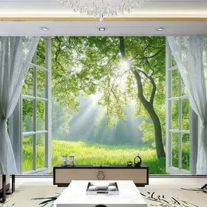Lifesmells 1pc Ultra Large Sunlit Forest Window View Wall Tapestry, Extra Large Photo Background Wall Decorative Hanging Cloth for Spring Themed Decoration, Live Broadcast Background Cloth Living Room Hostel Use