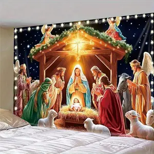 1pc 2D Flat Christmas Nativity Scene background cloth - 100% Satin Weave No Installation Required Horizontal Religious Decor Suitable for Living Room Bedroom Office and Party Background Festive Backdr