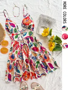 Women's V-Neck Backless Mini Dress, Animal and Floral Print Summer Holiday Casual Style, Perfect for Beach and Spring Fashion