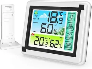 Wireless Weather Station Indoor Outdoor Thermometer with Remote Sensor, Digital Temperature and Humidity Monitor with LCD Backlight, Touchscreen, Min/Max Records for Home, Office, Baby Room
