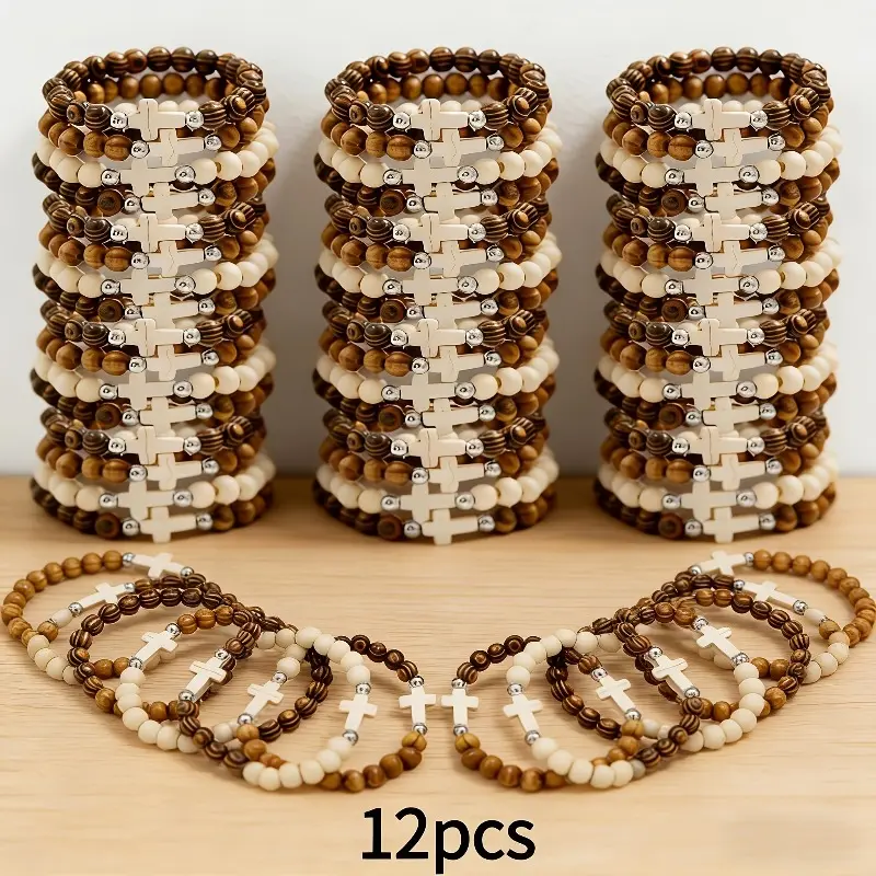 12Pcs Ethnic Style Wooden Bead Bracelet Set for Men and Women, Suitable for Daily Wear, Can Be Worn Individually or Layered, Lightweight and Versatile Cross Bracelet, Couple's Bracelet Set, Gift for Friends and Family