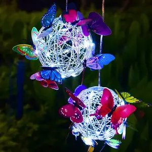Outdoor Solar Ball Light with Butterfly LIght Decorative Hanging Lamp LED Waterproof Garden Hanging Light Yard Decoration Night