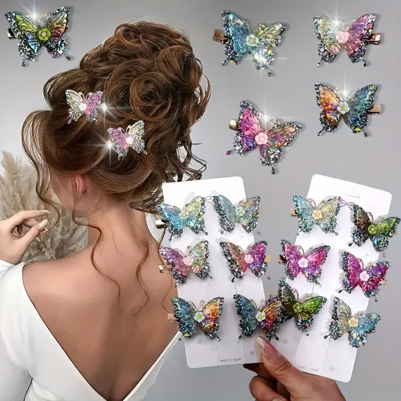 Luxury Glitter Butterfly Hair Clip, Dual Layer Design, Acrylic Material, Elegant Duckbill Clamp, Perfect for Daily Wear, Multiple Colors Available
