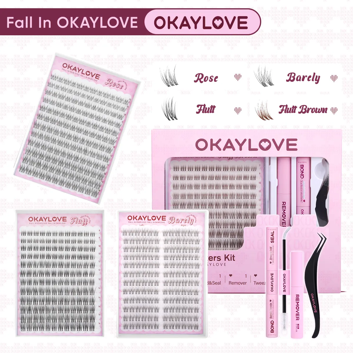 OKAYLOVE Natural Lash Clusters Kit Rose | Vivi | Nira | Flutt Brown Wispy Lash Extension Kit with Long-lasting Lash Bond and Seal,Tweezers and Remover for DIY Eyelash at Home for Natural Makeup Girl Gifts DealsForYouDays