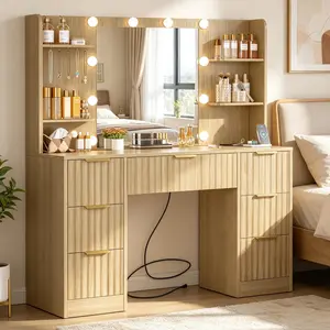 Modern Oak Fluted LED Makeup Vanity Desk Set with Mirrored Lights, Power Outlet, 6 Shelves, 7 Drawers, 3 Color Lighting Modes, Makeup Vanities for Bedroom Room Decor & Aesthetic Room Decor