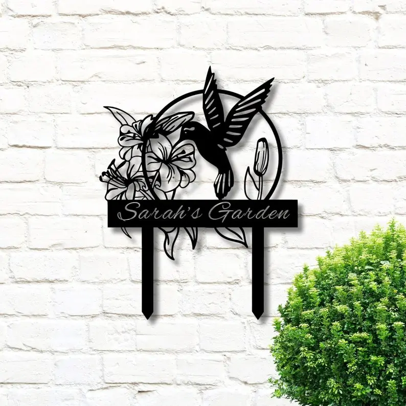 Custom Hummingbird Metal Garden Decor, Bird with Stakes Garden Sign, Flower Design Personalized Garden Sign, Custom Garden Name Sign, Home Gift