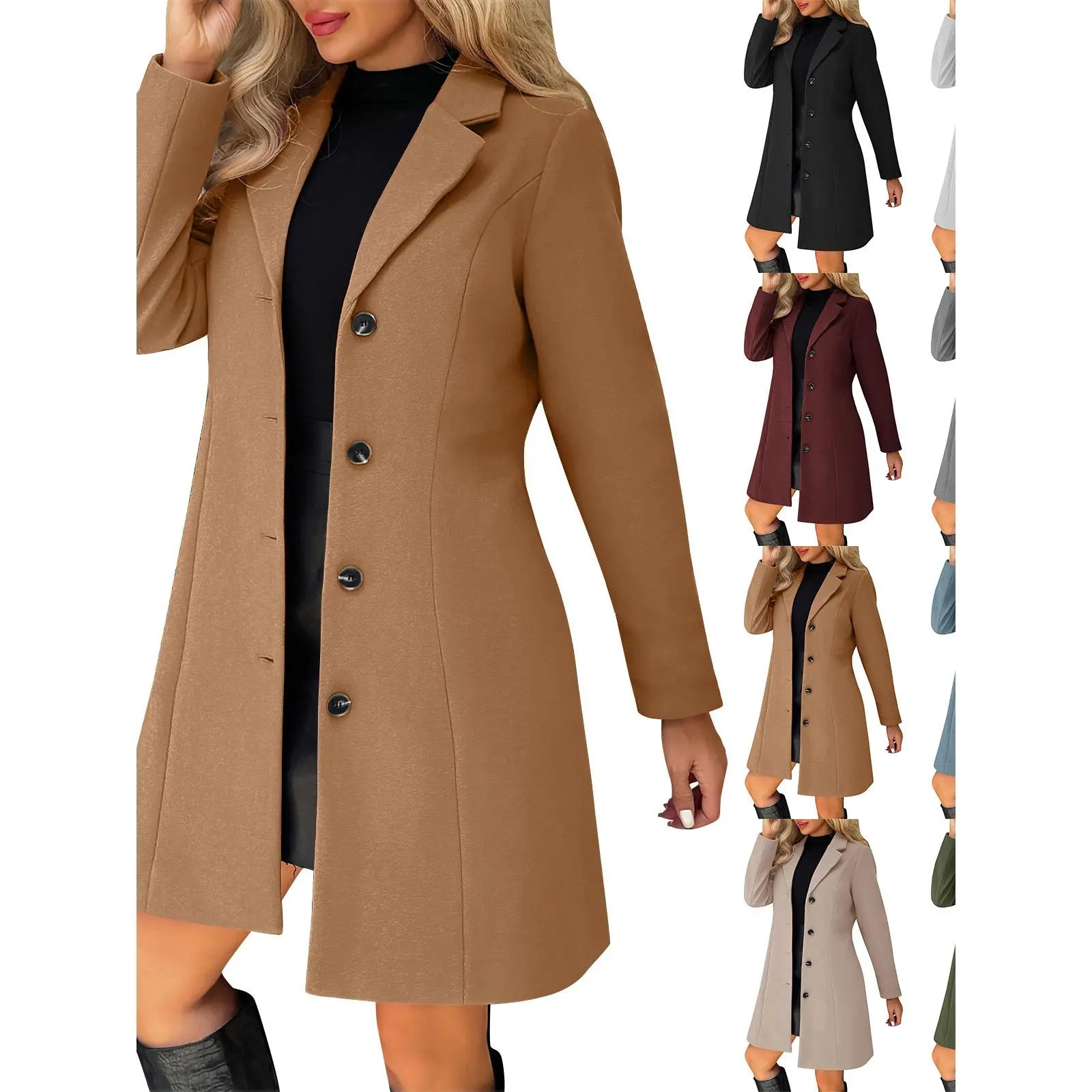 Winter New Style Turn-Down Collar Slim Fit Solid Color Fashion Long Coat Versatile Woolen Jacket