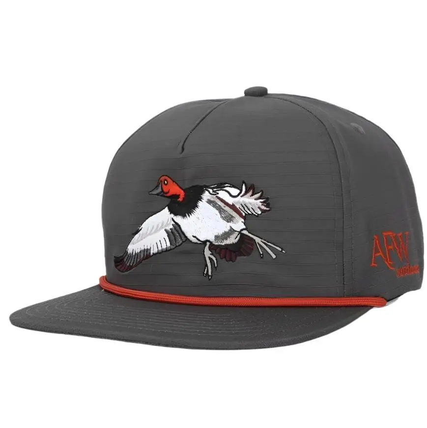 The Canvasback Ripstop Rope Hat - Black with Red Strap, Featuring a Bird Design, Model: AFW Adjustable Snapback Cap