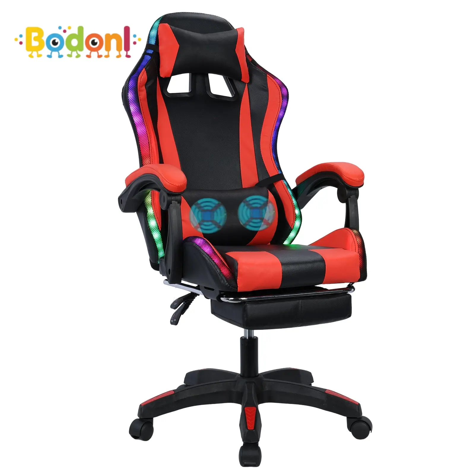 Bodonl 1 x High Back PU Leather Gaming Recliner Chair - LED Lights, Massage Function, Bluetooth Speakers, Footrest, Adjustable Recline & Height, 397lbs Weight Capacity, Adjustable Height