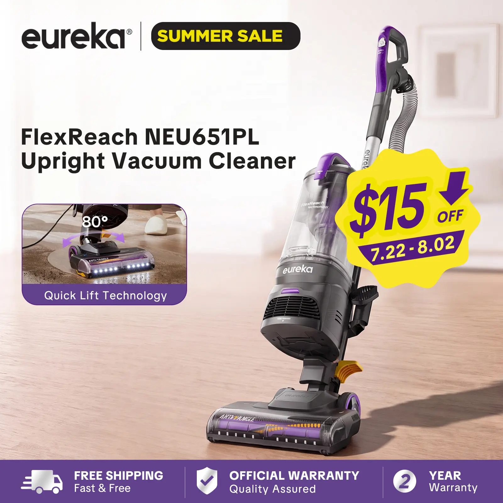 Eureka FlexReach NEU651PL Upright Vacuum Cleaner with Lift-Up Pod & Anti-Tangle Brushroll for Carpet & Hard Floors, Purple, 960W Motor, Deep Cleaning, Jumpstart Sale, Powerful Suction, Flexible Design