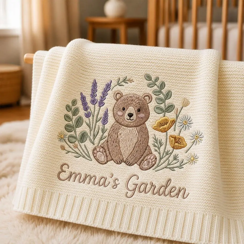 [Made-to-Order] Personalized Embroidered Bear Wildflower Baby Blanket, Custom Knit Baby Blanket with Name for Newborn, Floral Woodland Nursery Gift, Newborn Keepsake Gift