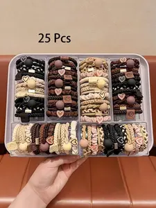 25pcs Boho Chic Women's Hair Tie Set - Cute & Sweet Bracelet Style, Scrunchies, Beaded, Gentle On All Hair Types, Elastic Bands With Heart Charms & Beads, Perfect For Ponytails & Sports, Versatile Usage, Hair Ties Ponytail Holders