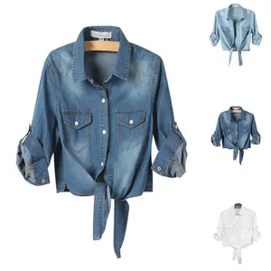 Ommig Women's  Denim Crop Top Tie Knot Shirt 3/4 Sleeve Cardigan