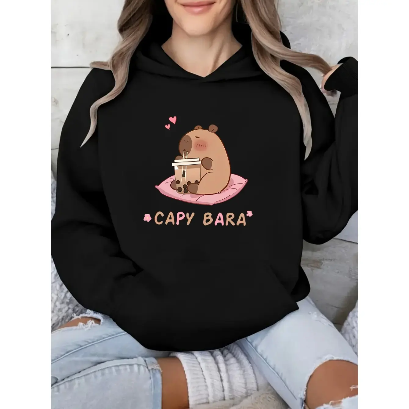 Unisex Capybara Graphic Hoodie, Comfortable Cotton Blend Pullover Top, Long Sleeve Casual Style Apparel with Durable Print, Tops, Longsleeves, Sweatshirts, Printed, Everyday, Loose, Breathable