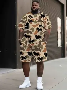 Men's Large Size Camo Lion Print Casual Set, Round Neck Short Sleeve Top & Shorts, Comfortable Quick Dry, Home Leisure Beach Party