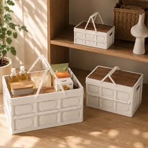 MeToMe Foldable storage box with wooden lid, heavy-duty and durable large-capacity storage box, suitable for household clothes, toys, camping, and vehicle storage.