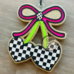 Checkered cherries with bow car freshie