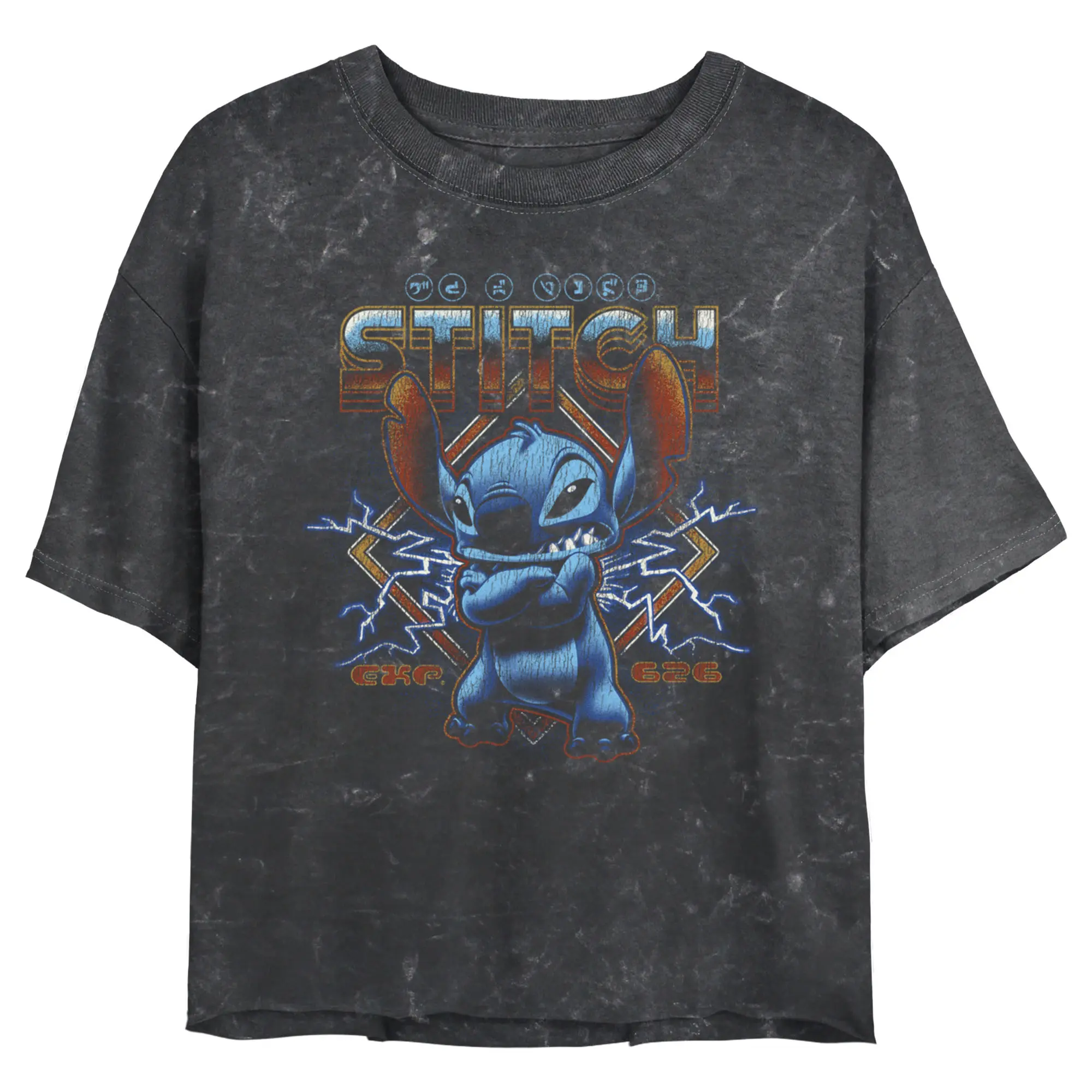 Disney Juniors' Lilo & Stitch 80s Aesthetic Graphic Cropped T-Shirt, Officially Licensed Rocker Style Tee with a Round Neck, M, Shortsleeve, Casual, Tshirt, Printed, Angry Stitch, Fit, Fashion Apparel