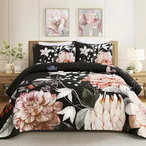Floral Quilt Queen Size 3 Pieces Black Quilt Botanical Bedspread Soft Lightweight Flower Bedding Set for All Season (96"x90")