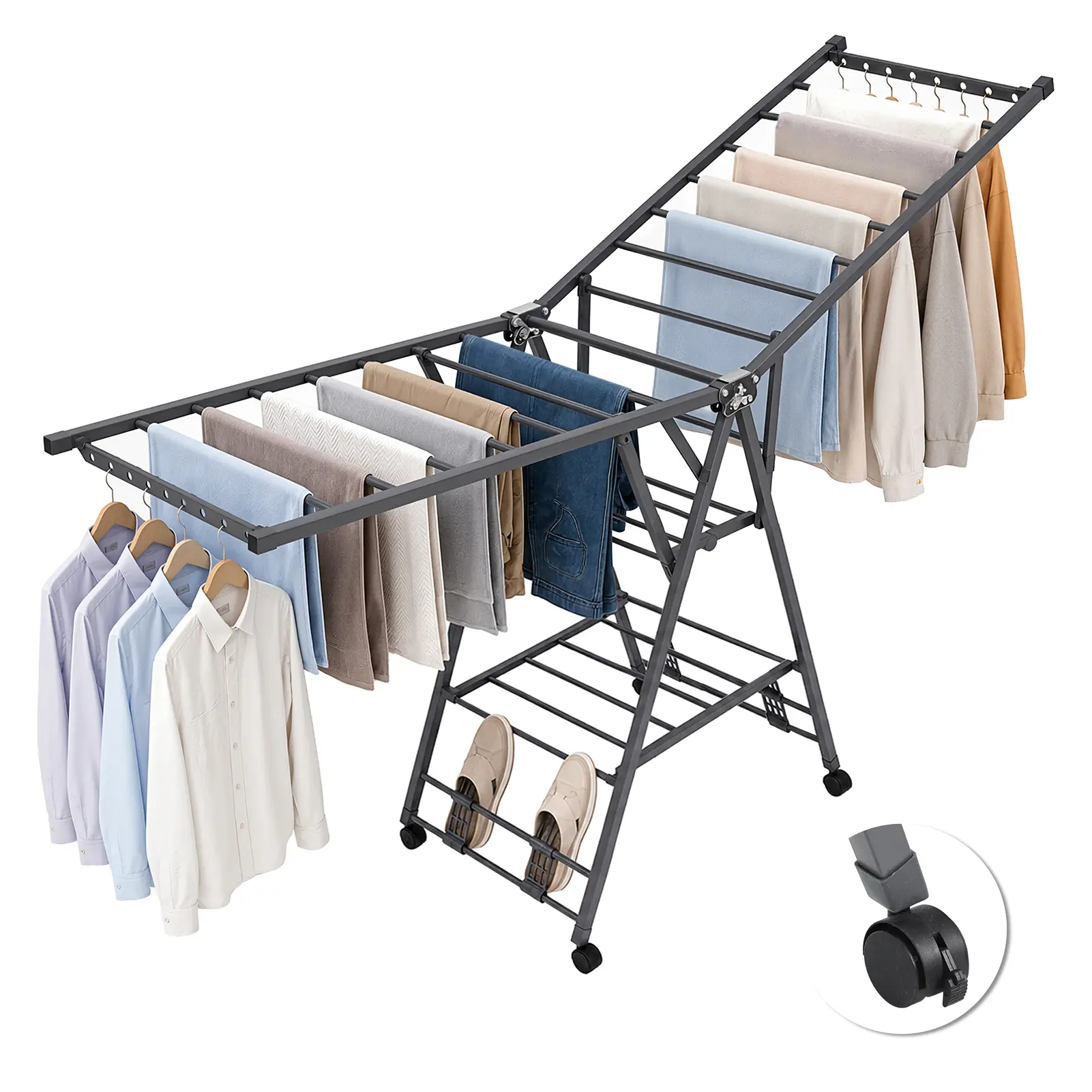 Heavy Duty Foldable Wing Floor-Standing Lightweight Portable Drying Rack with Wheels, Shoe Rack, 15 Bars, 200 lbs Capacity Sturdy Metal Stand for Indoor/Outdoors Laundry Use