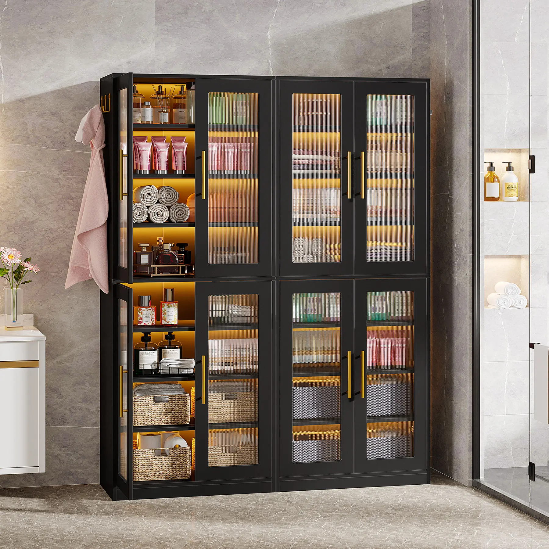 Tribesigns 67-Inch Tall Gray Bookcase with Doors, LED Lighting, 8-Tier Adjustable Shelves & Hanging Hooks for Living Room, Bathroom, Office & Kitchen