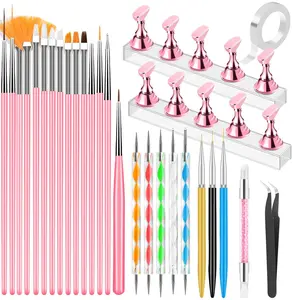 Nail Art Tools Set, Nail Stand for Press on Holder for Painting Nails, Nail Art Brushes, Liner Brushes, Nail Dotting Tool, Must Haves Design Tools Supplies Kit for Nail Tech & Beginners (Pink)