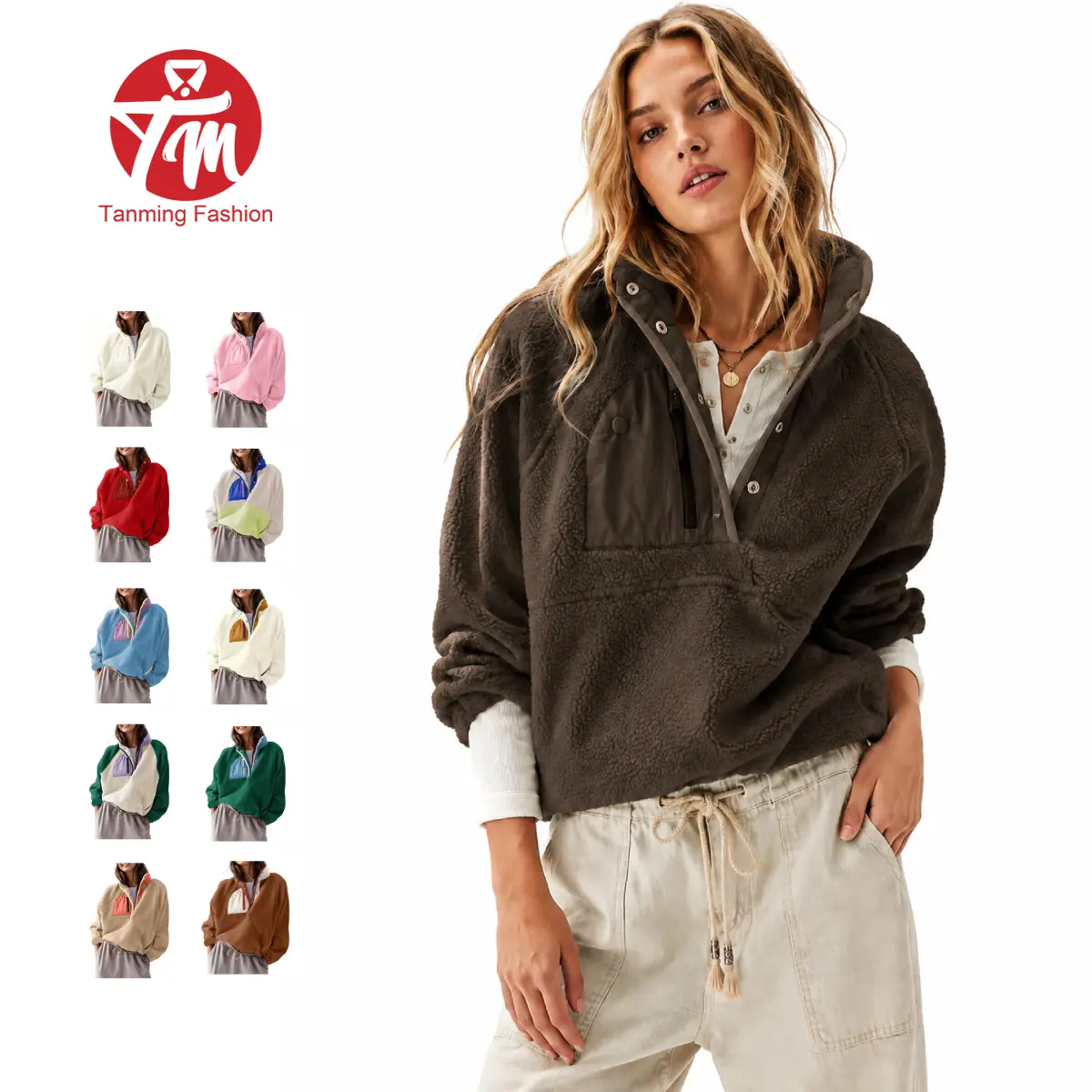 Tanming Women's Color Block Sherpa Fleece Pullover Jacket, Cropped Longsleeve Outerwear with Quarter-Button and Zipper Pockets, Tops, Lady, Longsleeves, Loose, Holiday, Coat, Hiking To Parties, Outdoor Adventures, Breathable