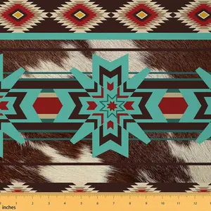 Feelyou Ethnic Geometric Pattern Fabric by the Yd - Blue Brown Cowhide Tribal Print, Waterproof Southwestern Aztec Upholstery & Bohemian Textile