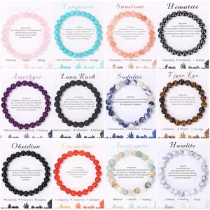 12Pcs Stone Beaded Bracelets for Women Men 8MM Adjustable Stretch Gemstone Bracelets with Message Cards Amethyst Amazonite Lava Rock Rose Quartz Black Obsidian Sunstone Tiger Eye Howlite Carnelian