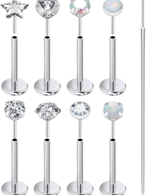 Threadless Flat Back Nose Stud Set – 20G/18G/16G 316L Surgical Steel Push-In Nose Rings with Opal/Heart/CZ Tops, Hypoallergenic Labret Studs for Nose/Lip/Tragus/Medusa (Silver, 6mm/7mm Bar, with Taper)