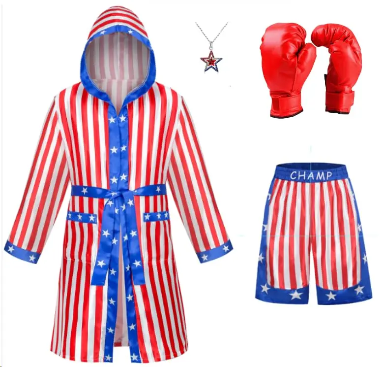 Men's Satin Boxing Robe Costume, Boxer Shorts Set with Gloves Belt, Halloween Champion Fighter Cosplay Outfit