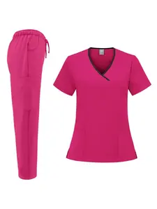 Stretchy Scrub Set Quick Dry Casual Hospital Doctor Nurse Workwear Uniforms Set Color Block Neck Short Sleeve And Long Pants