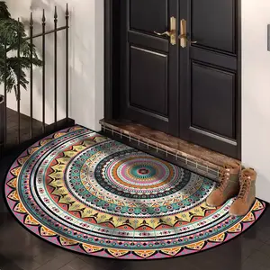Colorful Geometric Cow Totem Welcome Mat, Soft Half Round Indoor Outdoor Door Mat, Home Entrance Hallway Decoration, Decorative Rug